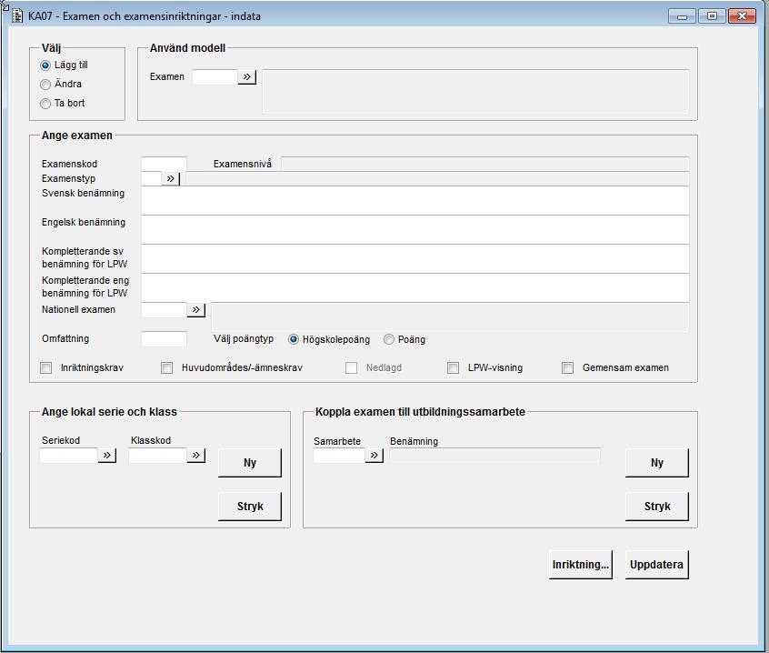 Torgny Fridlund 2009-11-18 4 (7) 6 Formulär och hjälptexter 6.1 Startformulär (KA07A00G) 6.1.1 Hjälptext KA07A00G Examen och examensinriktningar - indata Senast uppdaterad: 2014-12-03 Funktionen uppdaterar data om examina och examensinriktningar för grundutbildning.