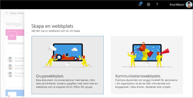 Skapa en webbplats Välj + Skapa webbplats på SharePoint-startsidan för att skapa en ny SharePointwebbplats.