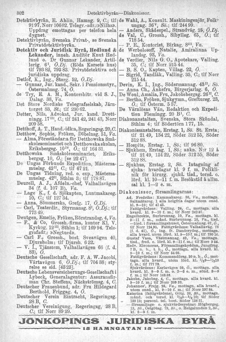 302 DetektivbyrånDiakonissor.. Detektivbyrån, E. Ahlin, Hamng. 9, O.; tlf Ide Wahl, A., Konsult. Maskiningenjör, Folk 9197,Norr 10602. Telegr.adr.:»Nilha». ungag. 36v, Sö.; tlf 24499.