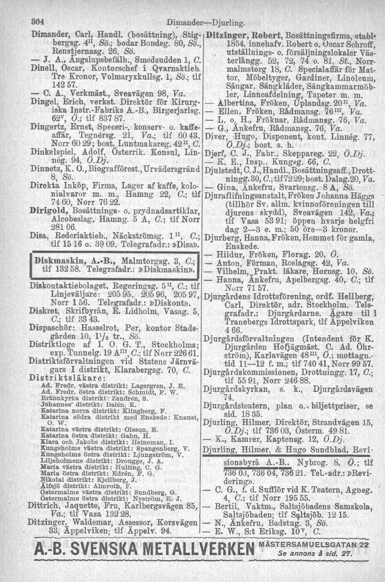 304 DimandereDjurling, Dimander, Carl, HandI. (bosättning), IStig Ditzinger, Robert, Bosättningsfirma, etablbergsg. 4 11, So.; bodar Bondeg. 80, Sä., 1854. innehafv. Robert o.