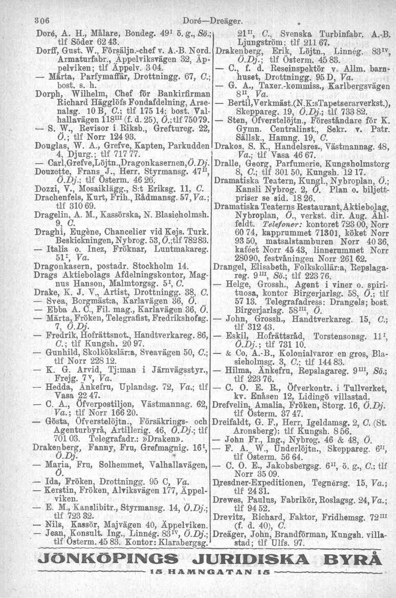 306 DoreeDreäger, Dore, A. H., Målare, Bondeg. 49 1 Ö. g., So.; 21 II, C., Svenska Turbinfabr. A.H.. tlf Söder 6243. Ljungström ; tlf 211 67. Dorff, Gust. W., Försäljnchef v. A. B. N ord.