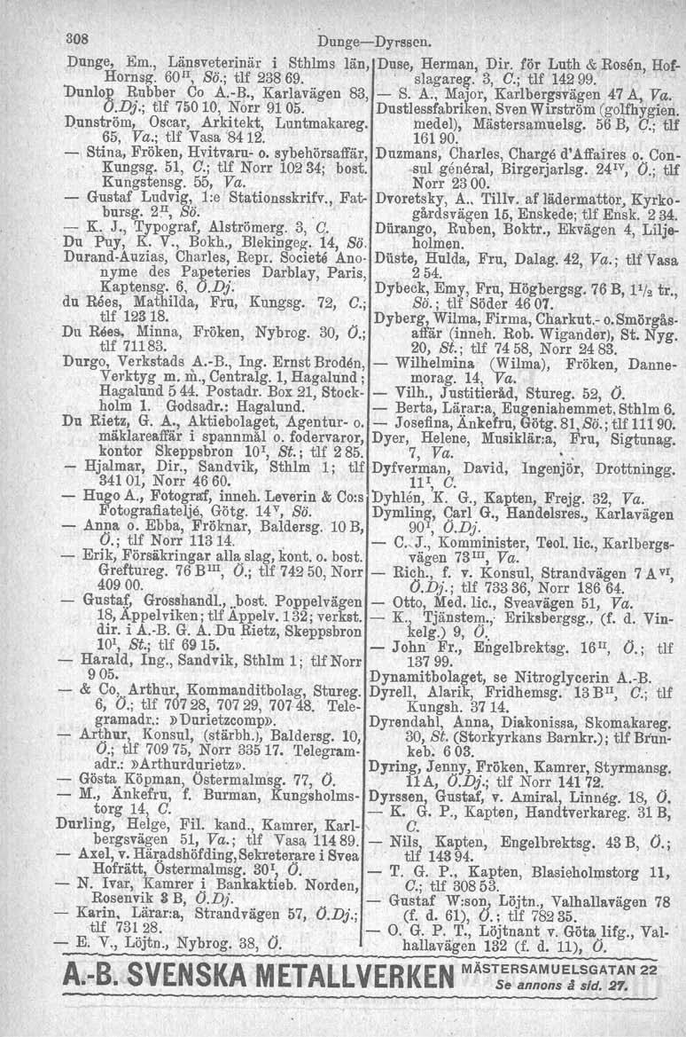308 DungeDyrascn. Dunge, Em., Länsveterinär i Sthlms län, Duse, Herman, Dir. för Luth & Rosen, Hof Hornsg, 60 n, Sö.; tlf 23869.. slagareg. 3, O.; tlf 14299. Dunlop Rubber Co A.B., Karlavägen 83, S.
