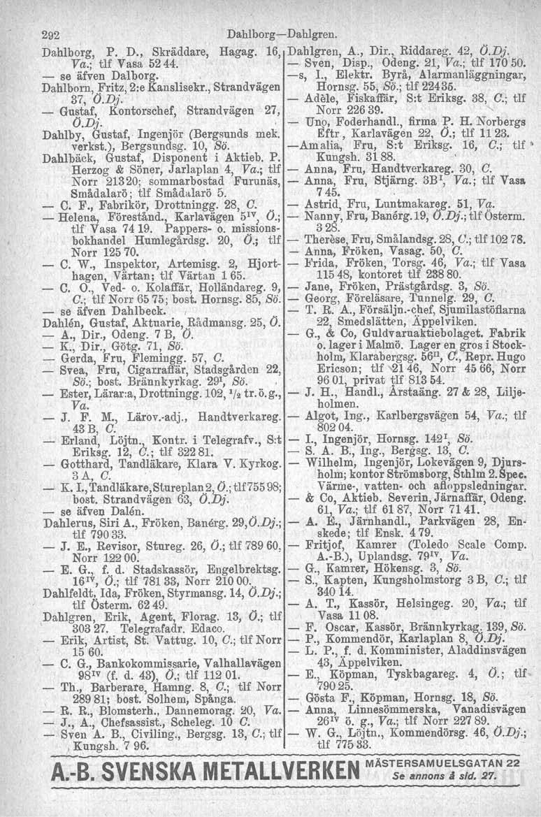 292 DahlborgDahlgren. Dahlborg. P" D., Skräddare, Hagag. 16, Dahlgren, A., Dir., Riddareg. 42, (J.Dj. Va.; tlf Vasa 5244. Sven, Disp., Odeng, 21, Va.; tlf 17050. se äfven Dalborg., s, L, Elektr.