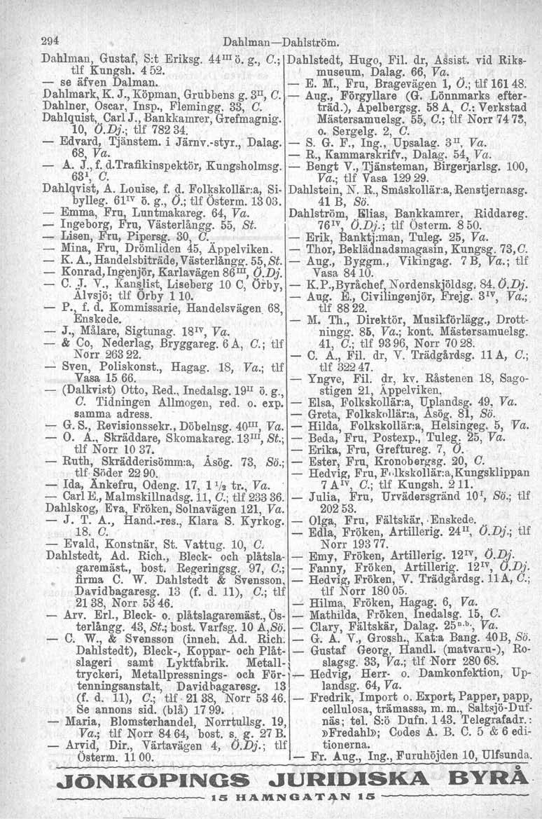 294 DahlmanDahlström., Dahlman, Gustaf, S:t Eriksg. 44 1II ö. g., C.; Dahlstedt, Hugo, Fil. dr, A~sist. vid Rikstl.~ Kungsh. 452. ' museum, Dalag. 66, Va... se afven Dalman. E. :M.