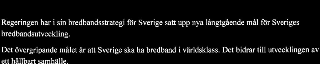 Bakgrund Bakgrund Regeringen har i sin bredbandsstrategi fiir Sverige satt upp nya långtgående mål för Sveriges bredbandsutveckling.