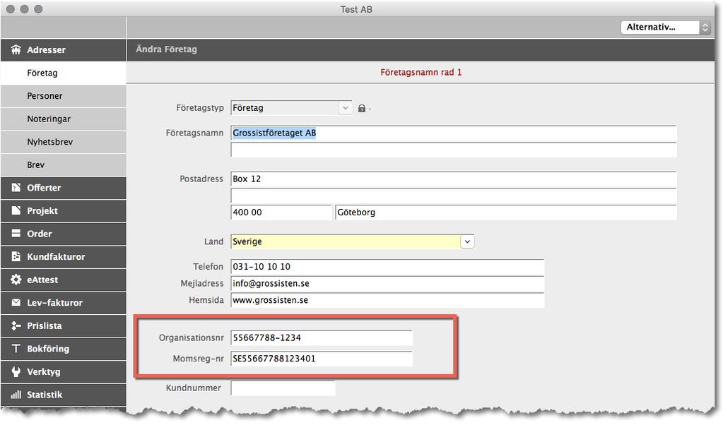 ADJOB 5.0 9 3. Förbered kundens uppgifter Komplettera Org-nr och Momsreg Observera att detta moment måste du göra för alla kunder.