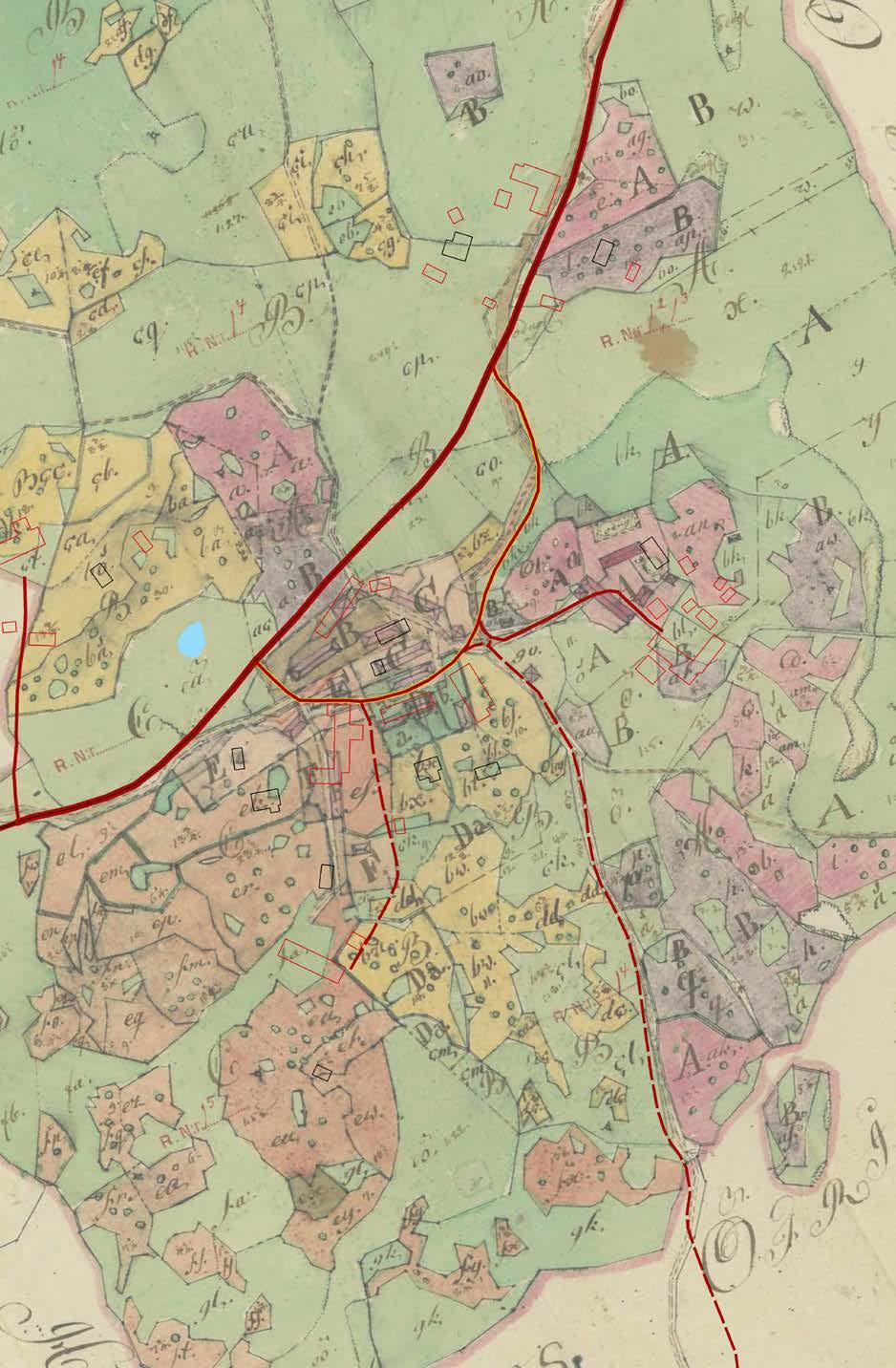 KARTOR Bränderås-Hallasjö (Skogsbygd) Bränderås. 2017 års karta med vita bostadshus, svarta uthus och röda vägar ovanpå en karta från år 1800.