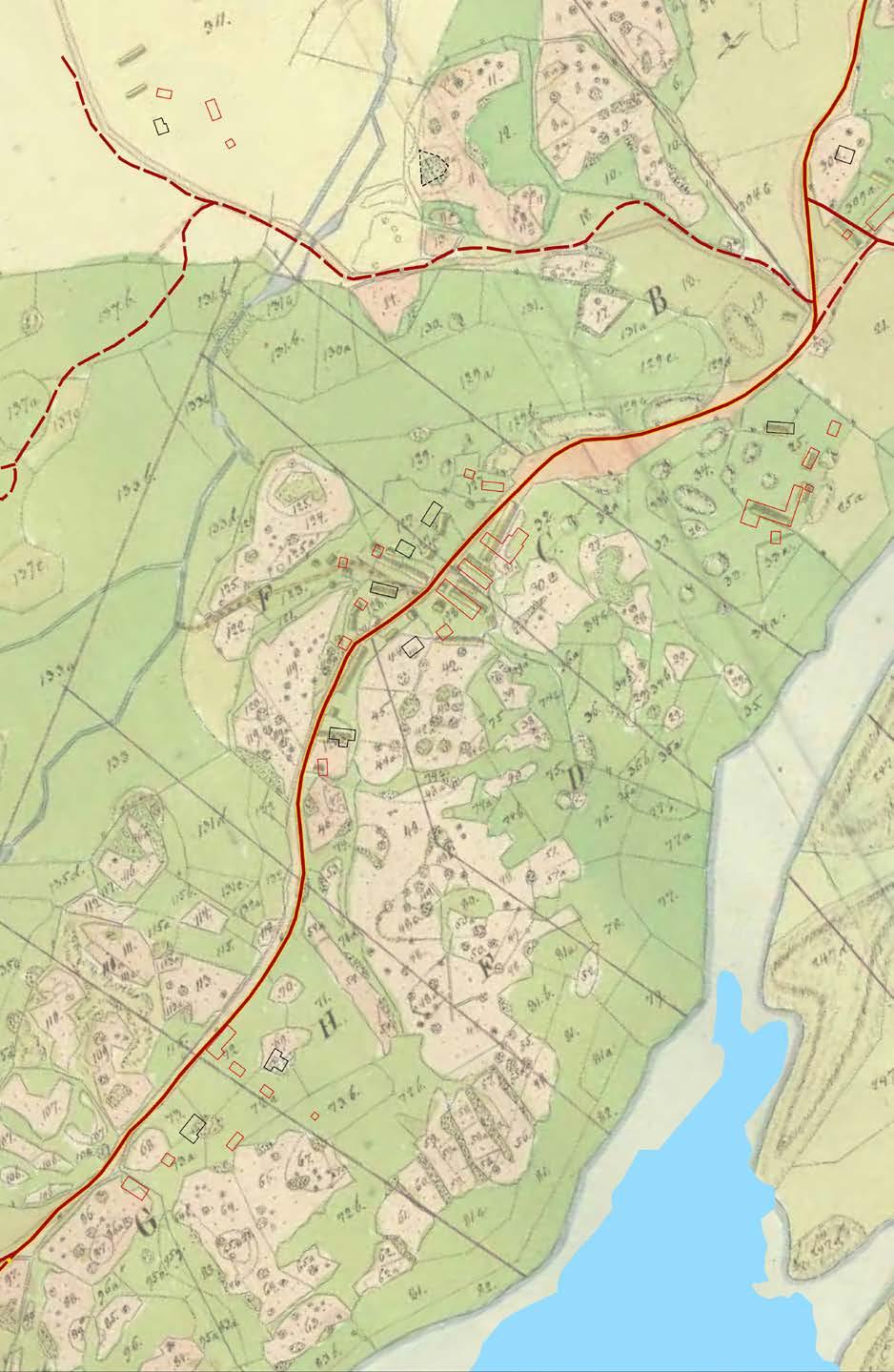 KARTOR Bränderås-Hallasjö (Skogsbygd) Hallasjö. 2017 års karta med vita bostadshus, svarta uthus och röda vägar ovanpå en karta från 1829.