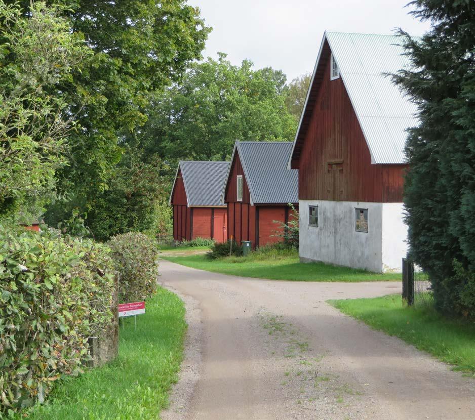 Hallasjö bygata, där de två ladugårdarna i skiftesverk ingår i en götiskt gårdsanläggning.