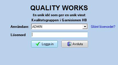 Välj i listan vilken användare du vill logga in med och skriv in ditt lösenord. Som standard är ADMIN inlagd i programmet.