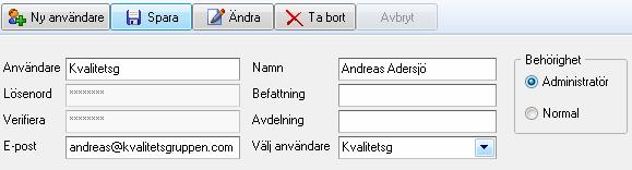 Skapa användare (rekommenderas) Som standard finns en användare (ADMIN) inskriven i Quality Works. För att skapa fler användare gå in under inställningar och välj Konto och lösenord.