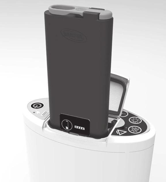 Allmänt 1. Öppna batteriluckan. Med batterimätarens etikett vänd mot framsidan av oxygenkoncentratorn sänker du sakta batteriet A rakt ner i en av de två öppningarna i batterifacket.
