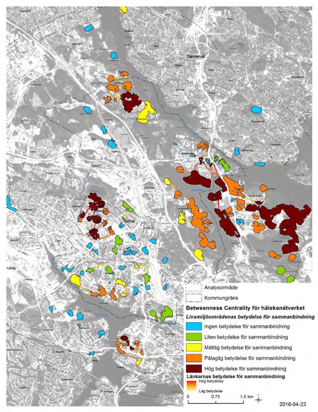 Karta 4. Habitatnätverk för svårspridda arter knutna till ekar med hålighet i Solna stad och omnejd.