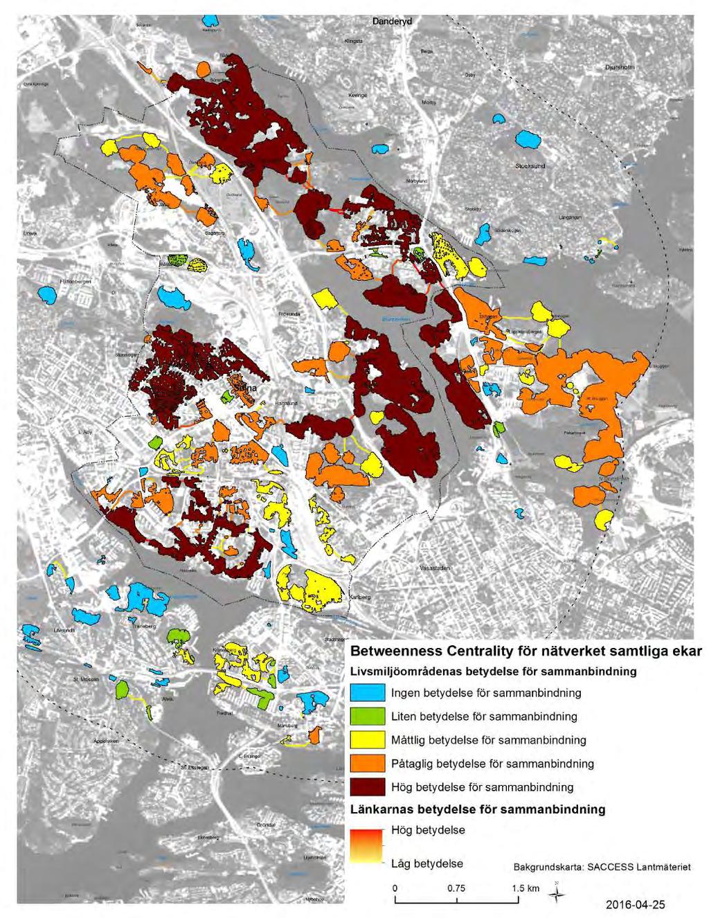 Karta 9. Habitatnätverk med alla ekar i träddatabasen. Maximalt spridningsavstånd 500 m.