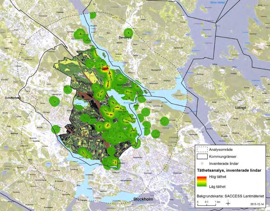 4 Lindlandskapet 4.1 Rumslig utbredning av inventerade lindar Karta 20. Täthetsanalys av inventerade lindar i Solna stad (kommunens inventering) och i angränsade kommuner (länsstyrelsens inventering).