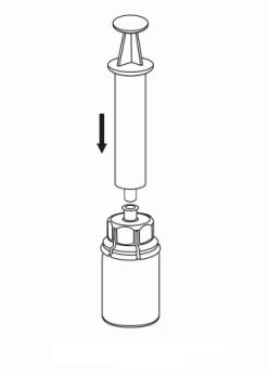 Lösningsmedlet kan nu överföras till pulvret med hjälp av administrationssetet (Mix2Vial). Följ instruktionerna nedan. 1. Öppna Mix2Vial-förpackningen genom att dra av förslutningen.