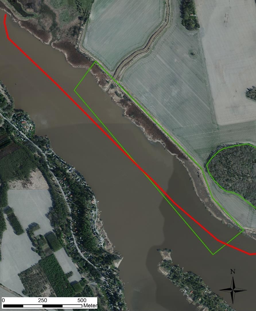 Figur 1. Röd linje visar sträckan för sjöledningarna, grön linje visar Natura 2000-området Lindöberget Väst.