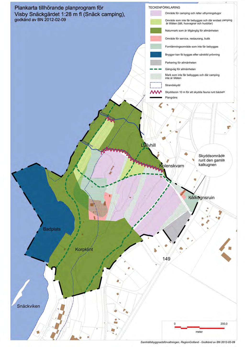 Plankarta tillhörande planprogram tör Visby Snäckgärdet 1 :28 m fl (Snäck camping), godkänd av BN 2012-02-09 TECKENFÖRKLARING Område för camping och teller uthyrningstugor Område som inte får