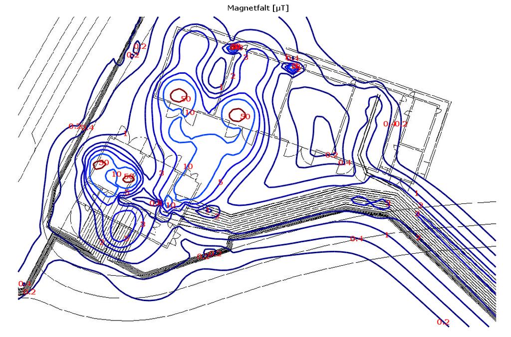 5.2 Närområde maximal last Figur 8: Magnetfält i stationens närområde, maximal last. Som synes i Figur 8 ovan så avtar fältstyrkorna relativt snabbt.