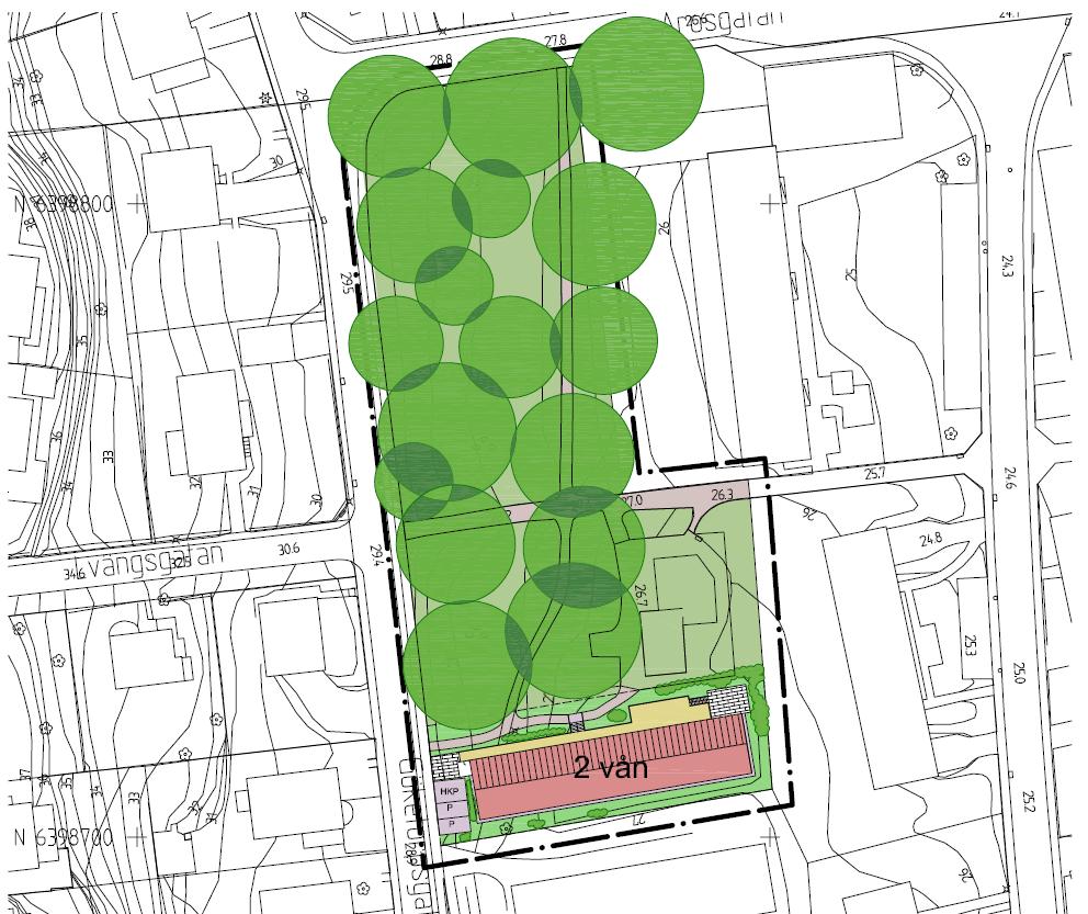 4. Framtida förhållanden Enligt plankartan (Figur 13) för området har BmSS-byggnaden med tillhörande parkeringar, uteplats med mera placerats längst ner i den södra delen av parken, detta för att