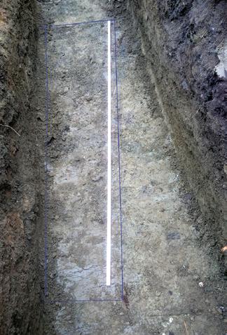 ARKEOLOGGRUPPEN AB, RAPPORT 2017:22 Figur 6. Graven i schaktet markerad med blått. Resultat I det långa schaktet påträffades en grav på cirka 0,8 meters djup.