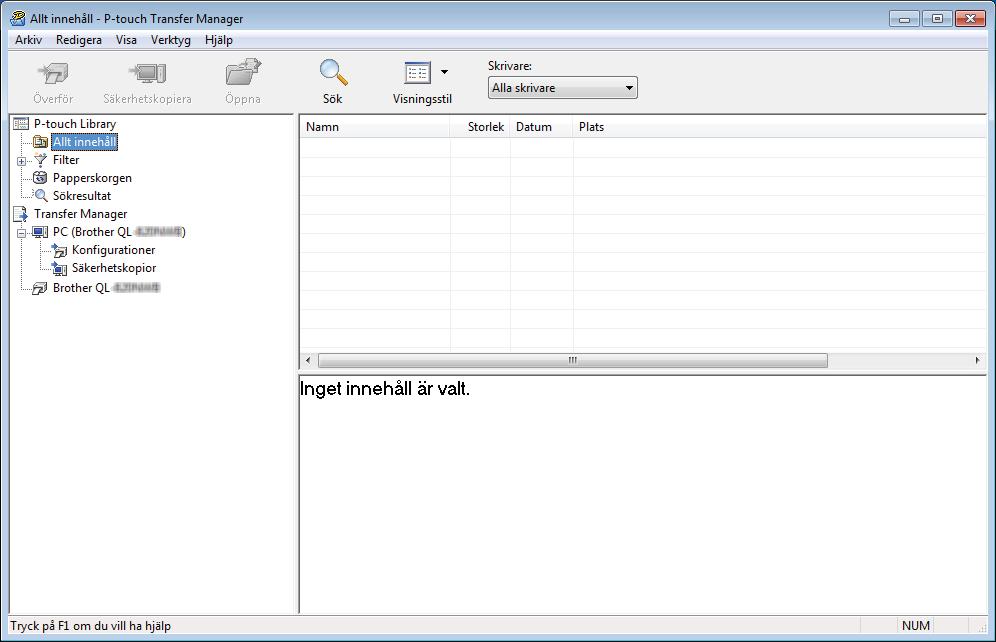 Använda P-touch Transfer Manager och P-touch Library (endast Windows ) Huvudfönster 9 1 2 3 5 4 6 1 Menyrad Ger tillgång till olika kommandon som är grupperade under varje menyrubrik ([Arkiv],
