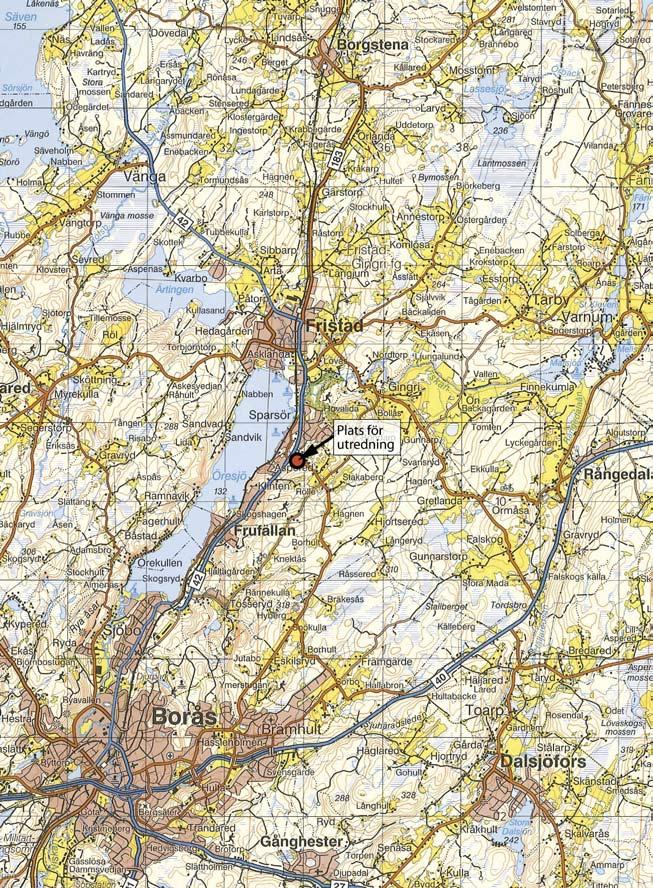 Fig. 2. Utsnitt ur Blå kartan, blad 62 Borås, med platsen för undersökningen markerad.