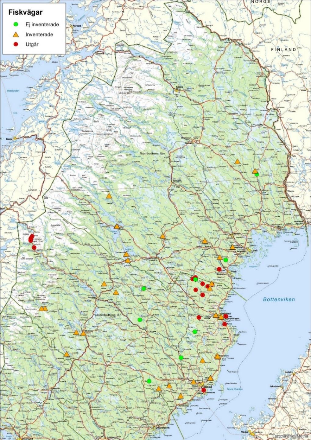 14 (16) I Norr- och Västerbotten har personal från fiskeutredningruppen vid Länsstyrelsen i Norrbottens län inventerat samtliga tekniska fiskvägar som finns inlagda i ÅiV (10 i Norrbottens och 23 i
