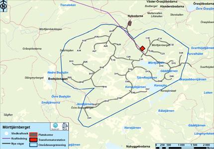 6. Undersökt vindpark, Mörttjärnberget I Mörttjärnberget vindpark finns 37 vindkraftverk som kommer att producera energi motsvarande ca 280 GWh per år. Total installerad effekt är 85 MW.