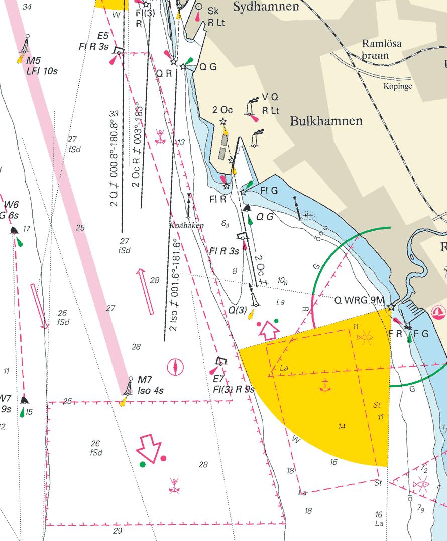 Nr 120 12 Insert Anchoring prohibited within a) - f) a) 55-57,99N 12-43,14E SSW of Råå harbour b) 55-57,99N 12-40,22E WSW of Råå harbour c) 55-58,83N 12-40,26E E of light-buoy W7 d) 55-58,83N