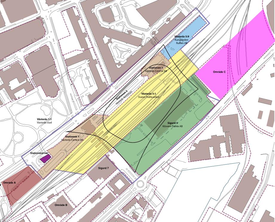 Figur 2.2. Layout som visar omgivande planer kring den nya centralstationen enligt den fördjupad översiktplan för stationsområdet (ÖP 64) /3/.