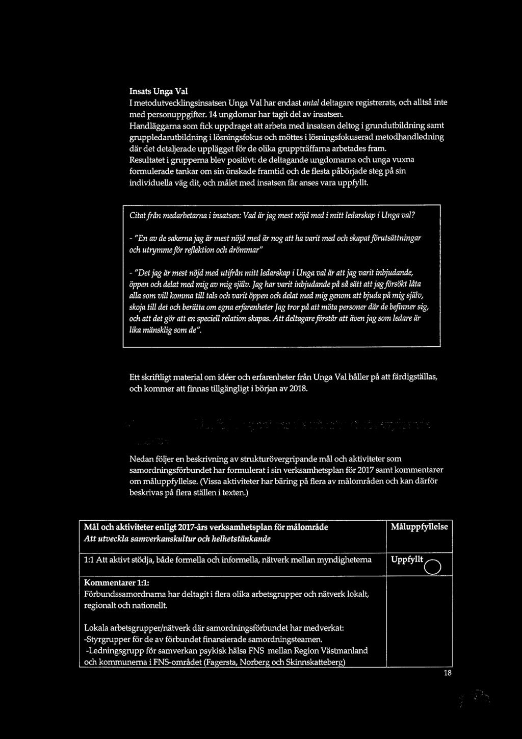 Insats Unga Val I metodutvecklingsinsatsen Unga Val har endast antal deltagare registrerats, och alltså inte med personuppgifter. 14 ungdomar har tagit del av insatsen.