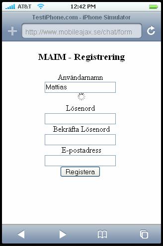 Registreringsformulär Denna komponent registrerar nya användare i applikationens databas. Alla inmatade uppgifter d.v.s. användarnamn, lösenord och e-post valideras och verifieras via en Ajax-motor mot en databas.