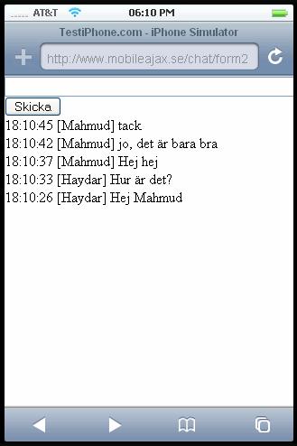 Chattrum Vid lyckad inloggning öppnas ett chattrum som består av ett inmatningsfält, en knapp och ett textområde.