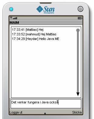 Chattrummet i Java ME Chattrummet består av två textfält och två knappar (se bilden).