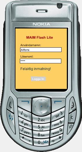 Inloggningsformulär i Flash Lite I huvudsidan (inloggningsformuläret) har vi deklarerat två textfält som tar emot användarnamn och lösenord.