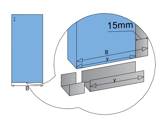 1 Sidoväggens glas monteras i en 15 mm djup U-profil mot vägg och golv. Längden på golvprofilen (y) ska vara lika med glasets längd (B) minus 15 mm. y = B - 15 mm.