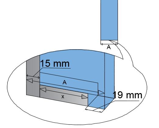 Längden på golvprofilen (x) ska vara lika med glasets längd (A) minus 15 mm minus 19 mm. Längden på väggprofilen skall vara samma som glasets höjd. Kapa profilerna till rätt längd.