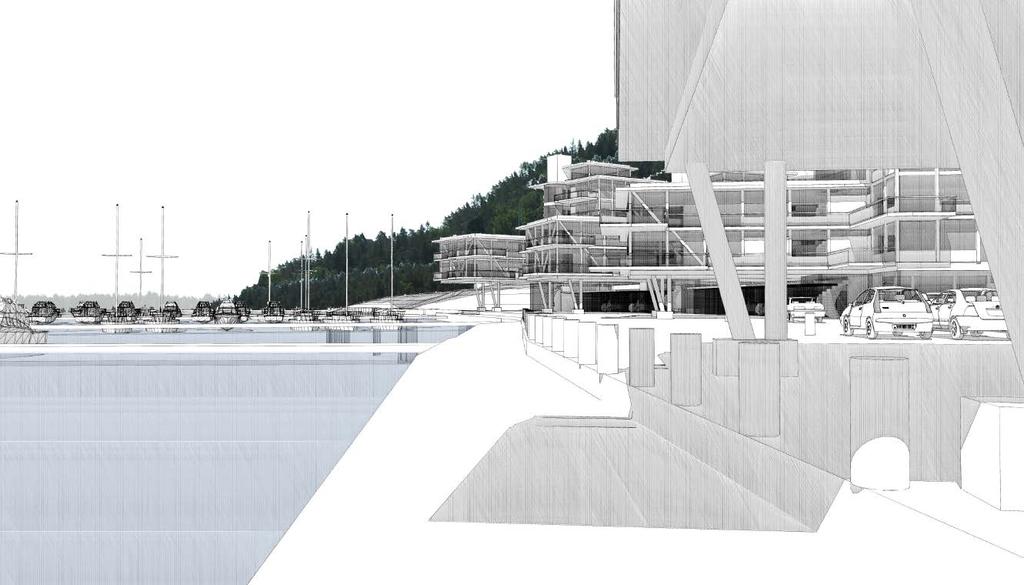 6 (13) Vy från kajen (Södergruppen/Deurell arkitekter AB) Husen placeras med kortsidorna mot Saltsjöbadsvägen så att utblickar från vägen mot vattnet hålls fria.