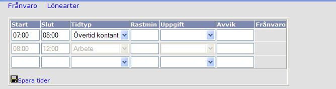 Om övertiden avser tid före arbetspassets början så rapporterar du på den första blanka raden. När du är klar måste du spara genom att klicka på Spara tider.