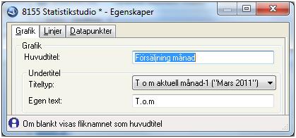 STEG 9 Tryck på knappen Egenskaper till höger i dialogen i Grafik/gruppera. STEG 10 T o m aktuell månad-1 genererar Undertiteln November 2011 om aktuell månad är december 2011.