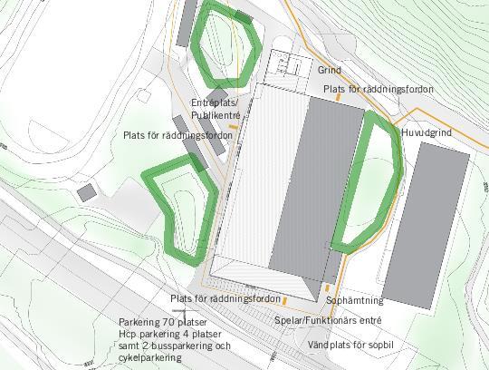 Figur 12. Situationsplan, gröna ytor markerade. Bildkälla: AIX Arkitekter, 2016. Dessa gröna ytor ligger på kullar och är därmed höjdmässigt oanvändbara för dagvattenhantering.