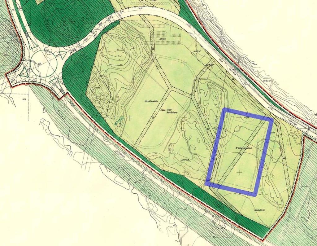 Figur 2. Del av detaljplanen som innefattar utredningsområdet. Utredningsområdet ungefärligt markerat med blå linje.
