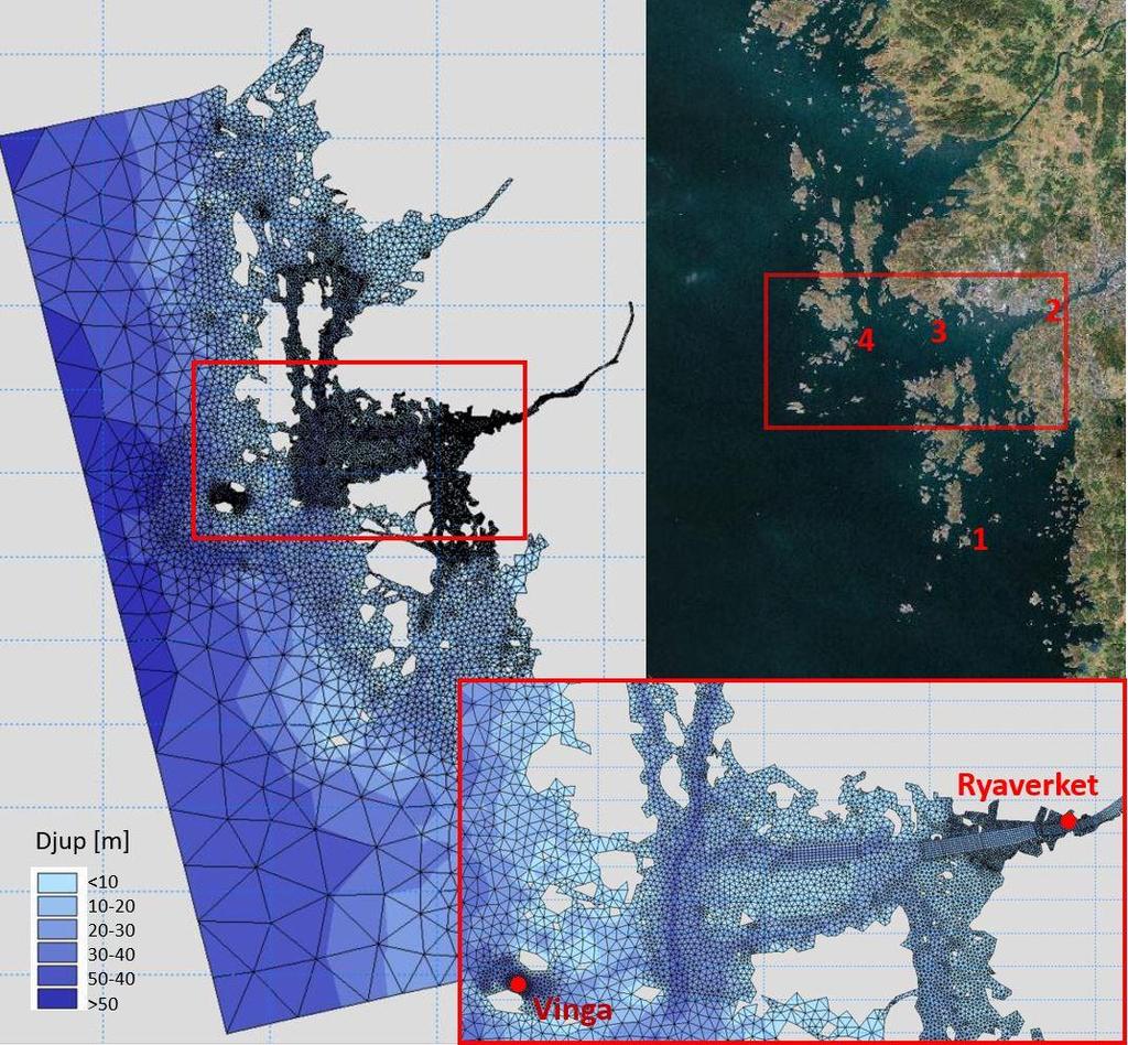 3.2.1 Modelldomänen Modellen täcker området från mynningen av Göta älv i öster till utanför Vinga i väster, från nedanför Vrångö i söder och upp till Marstrand i norr.