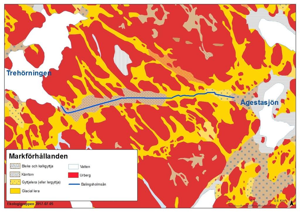 Balingsholmsån Ersätt Ersätt med med sidhuvud I östra delen av dalgången korsas ån av Hanes väg, en grusväg med under vilken vattnet passerar en trumma. Figur 2. Topografisk karta över Balingsholmsån.