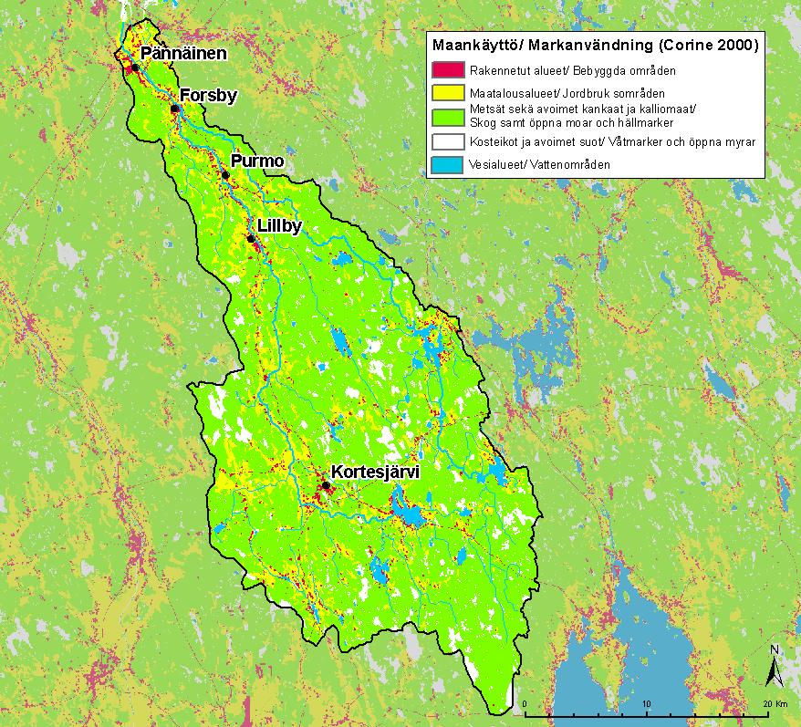 Bild 6. Markanvändning i Purmo ås avrinningsområde enligt Corine-materialet. ( SYKE, ELYcentraler; markanvändning Corine 2000).