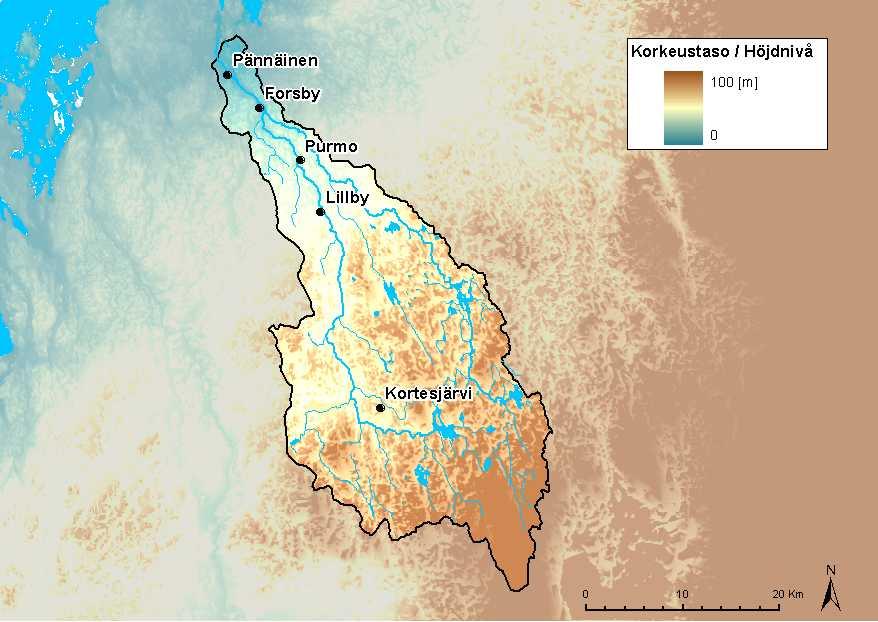 Bild 5. Höjdförhållandena på Purmo ås avrinningsområde (KM25). ( SYKE, ELY-centraler; topografi Lantmäteriverket tillstånd nr 7/MML/09) 2.