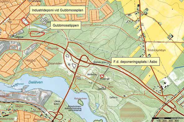 Figur 7. Gubbmosstippen, industrideponi vid Gubbmossplan och f.d. deponeringsplats i Åsbo (Jansson 2010).