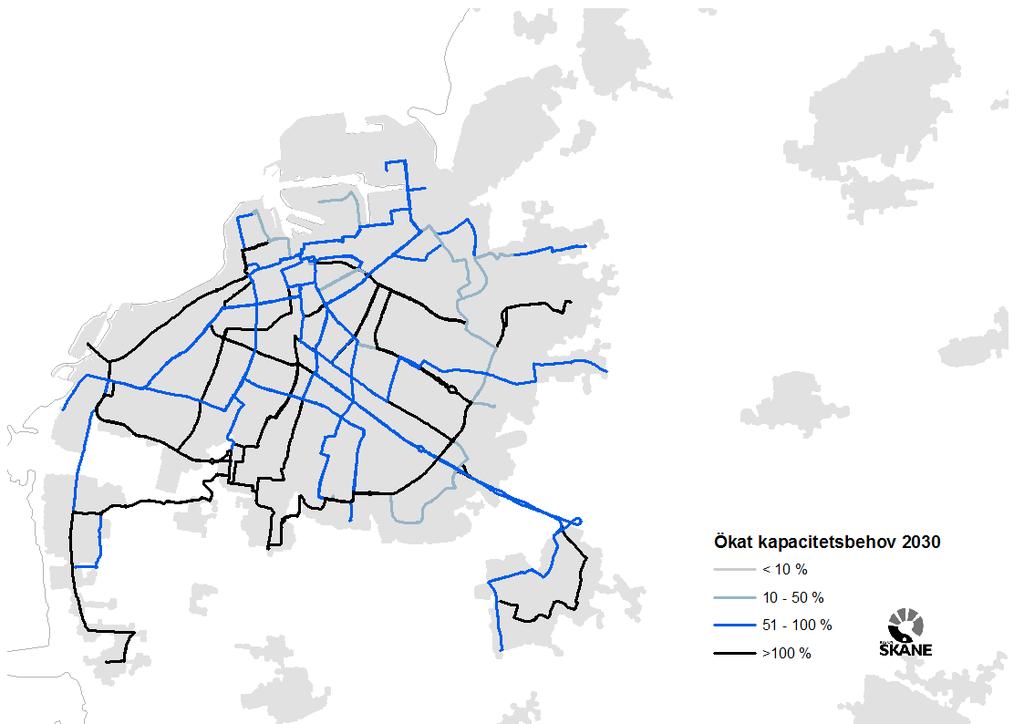 Figur 18: Kapacitetsbehov i stadsbusstrafiken i Malmö. Fördjupad stråkanalys av busstrafiken i Skåne (2017).
