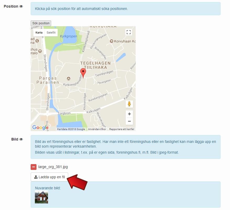Steg 4: Har ni en bild på er lokal/fastighet så väljer ni Ladda upp fil, så som den röda pilen på bilden nedan visar.